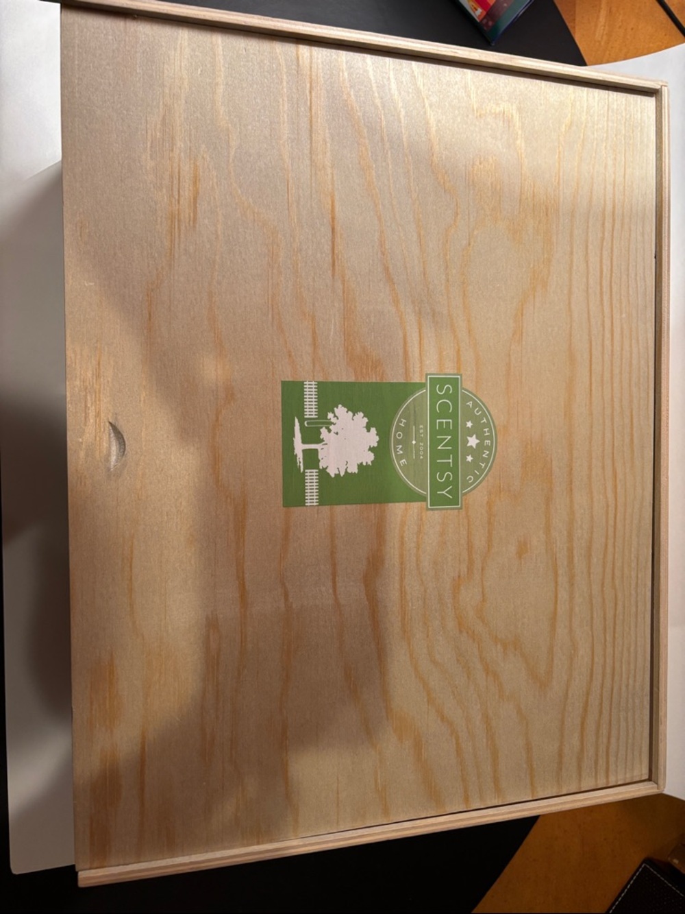 Scentsy Natural Wood Box with Green Logo.  6”high x 15” wide x 12”long.